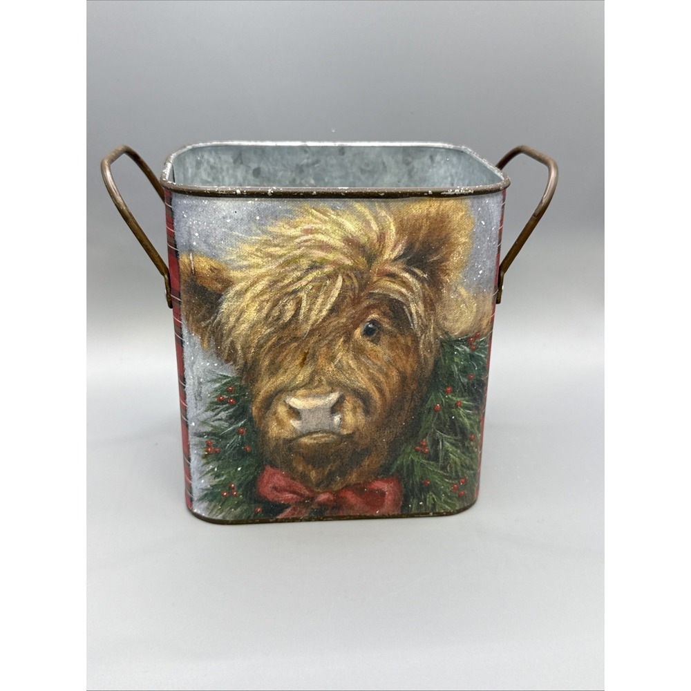 Hobby Lobby Christmas Highland Cow Galvanized Metal Container Rustic 8x5x6